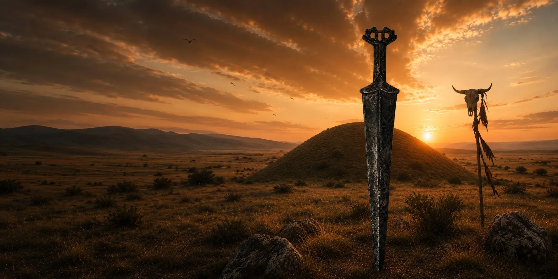 Scythian akinakes before a burial mound at sunset