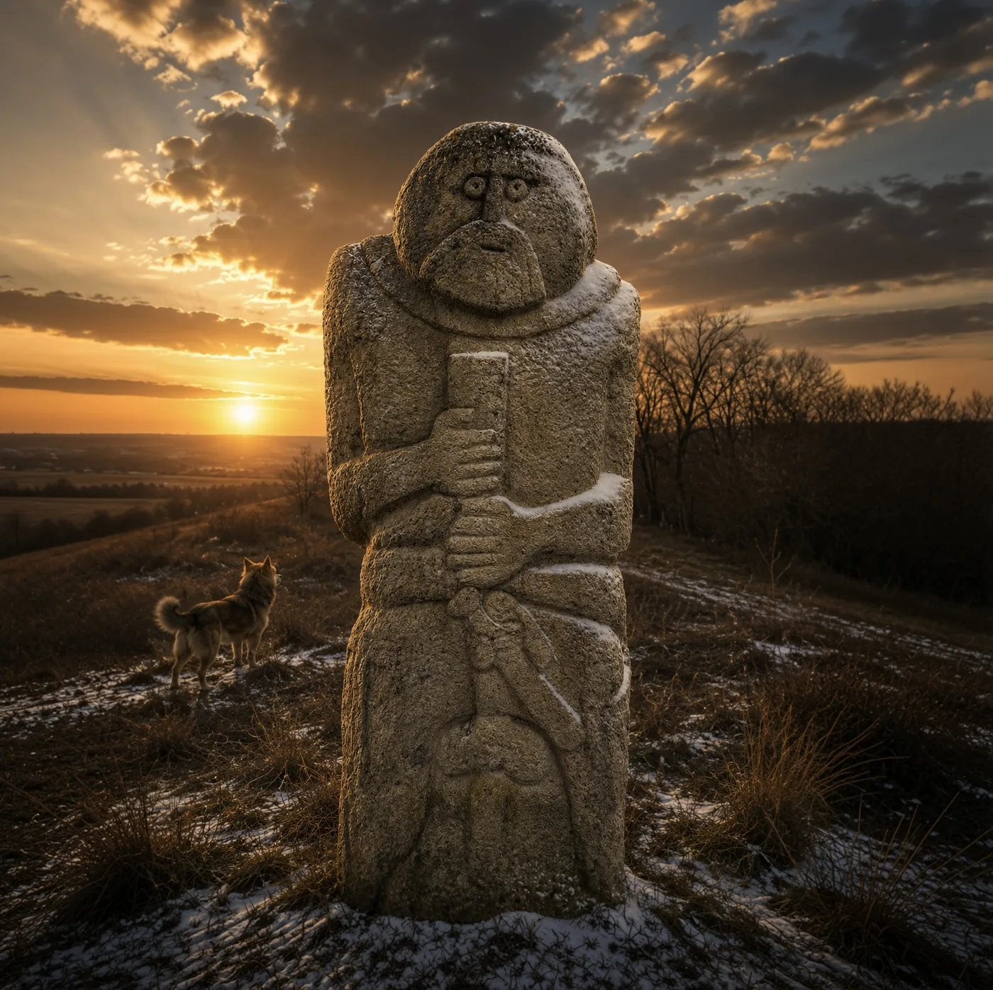 Stone stele on the winter steppe